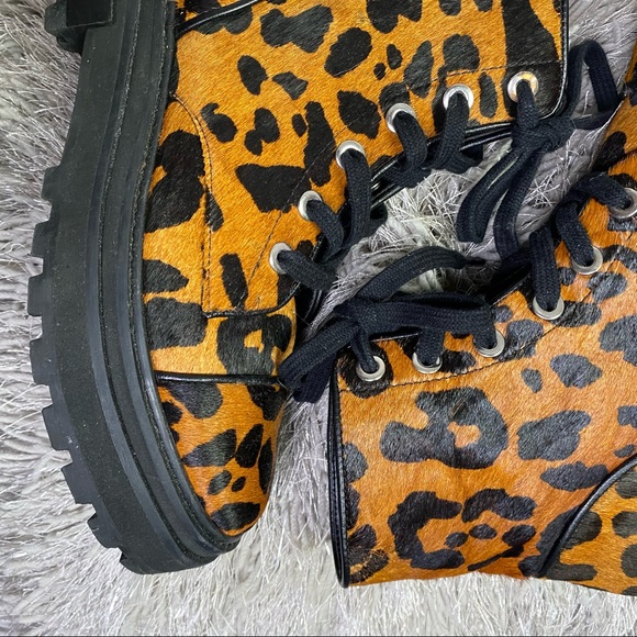 SCHUTZ Maylova Leopard Calf Hair Combat Womens Ankle Boots - Picture 3 of 15